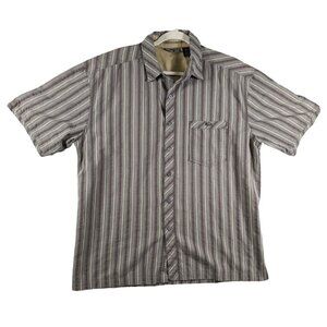 REI Button Shirt Mens Large Cotton Poly Green Gray Stripe Short Sleeve